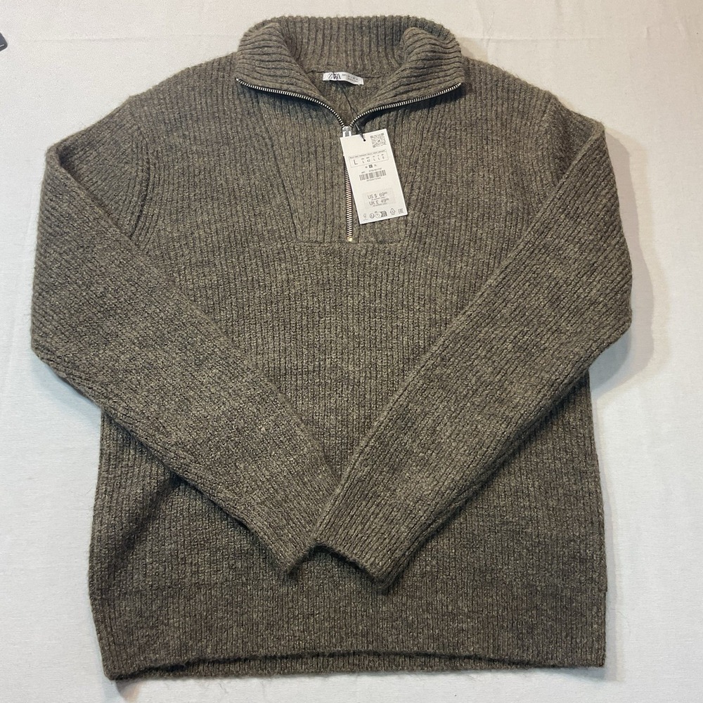 Zara NWT Men's Quarter Zip Collar Marled Knit Heather Brown Sweater Size‎ L